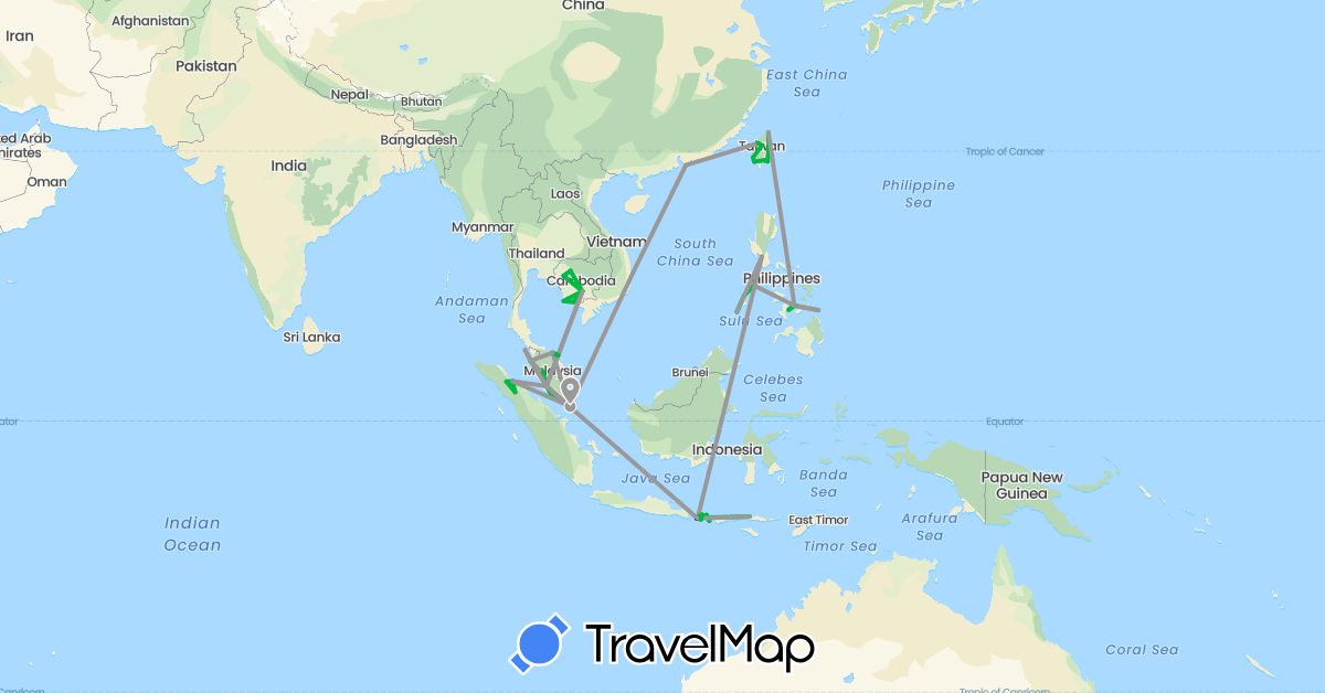 TravelMap itinerary: driving, bus, plane in China, Indonesia, Cambodia, Malaysia, Philippines, Singapore, Taiwan (Asia)